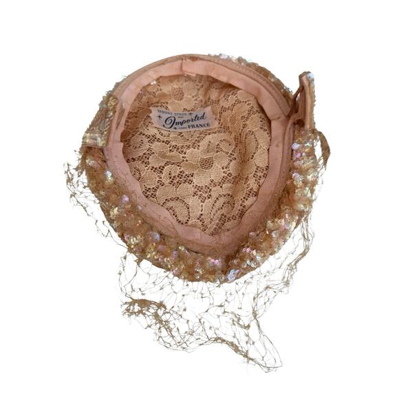 Vintage Art Deco Pink Sequin Lace Chapeau Cap Hat Luster Fascinator Retro main image 7
